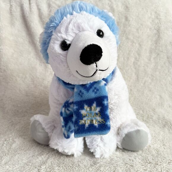 The Polar Express White Bear 11” Plush Blue Hat Scarf  Christmas Winter Toy - Picture 1 of 6